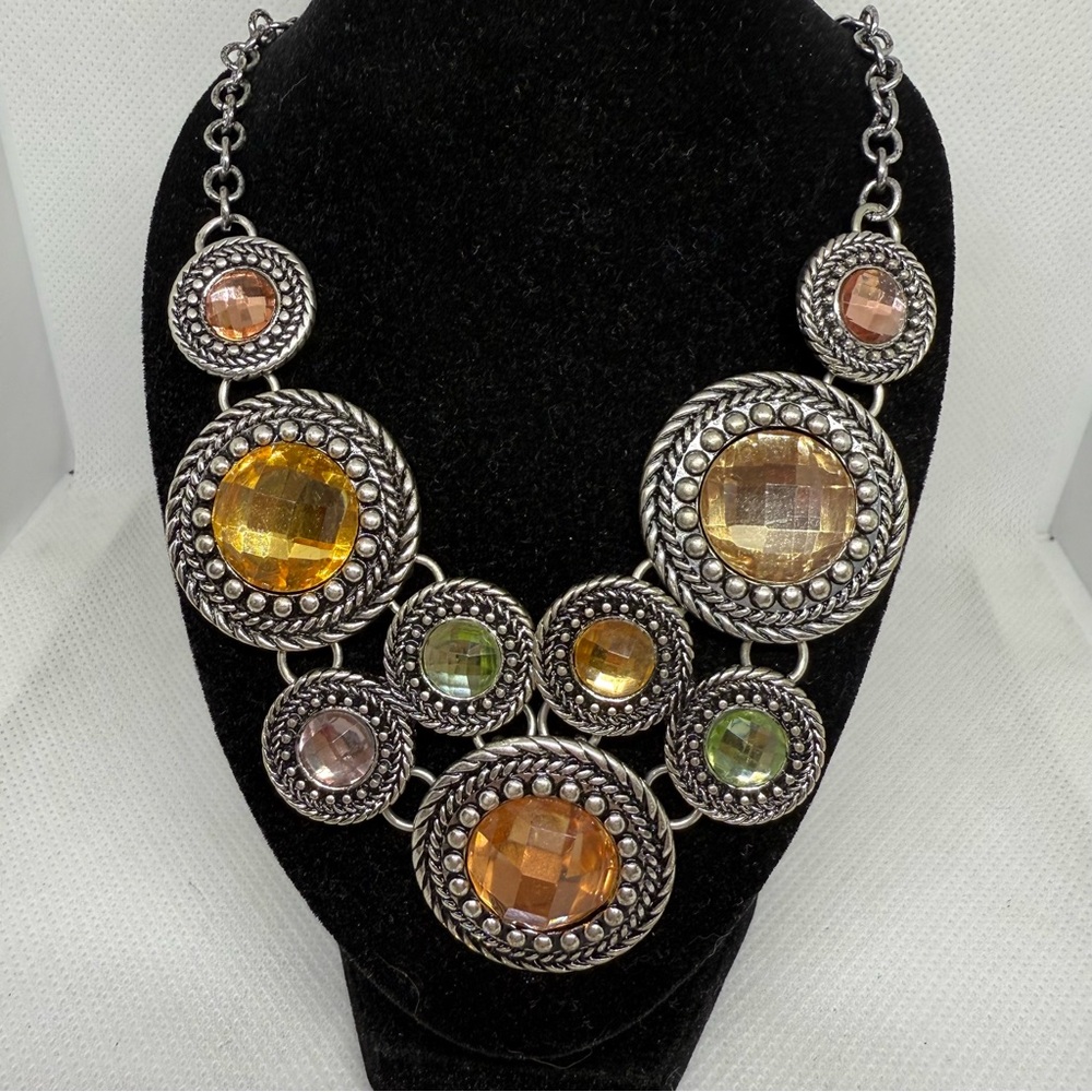 Premier Designs Round Medallion Multicolor Stone Silver-Tone Necklace & Earrings - Picture 2 of 6
